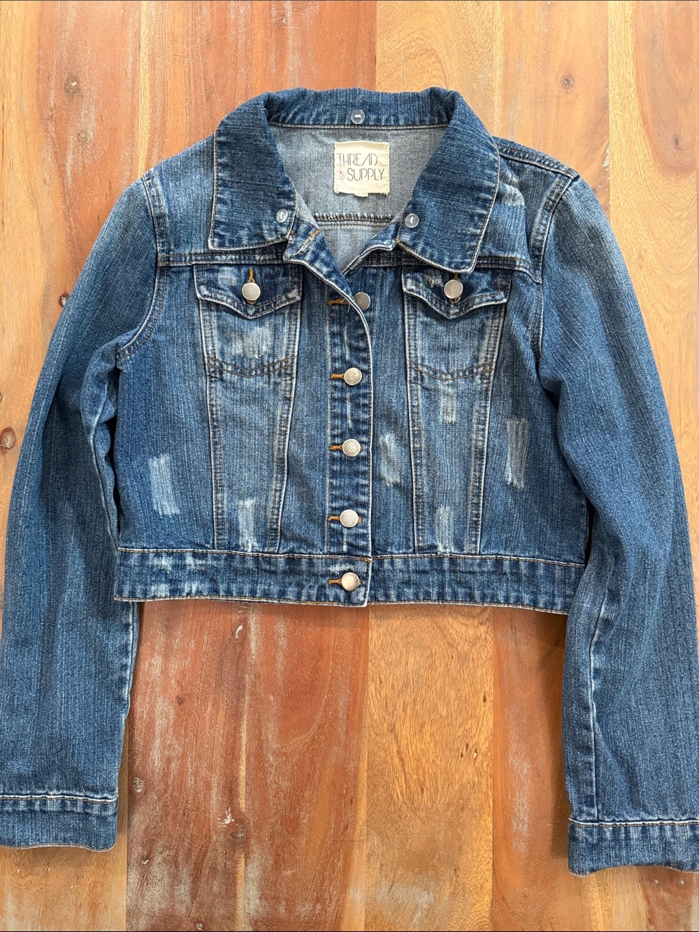 Thread & Supply Girls' Distressed Blue Cropped Denim Jacket size Large (12)
